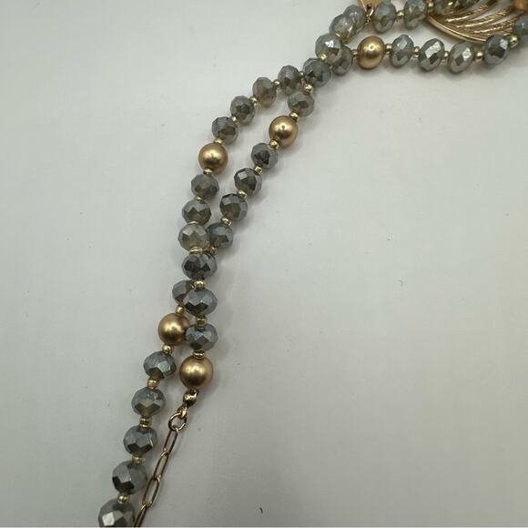 ETE Leaf Beaded Long Pendant Necklace Stud Ball Earrings Set NWT Gold tone grey - Picture 7 of 12